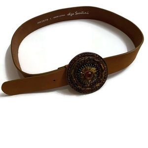 OLGA SANTINI BELT NEW BROWN LEATHER FIRE CIRCLE BUCKLE ADJUSTABLE NWT SIZE L